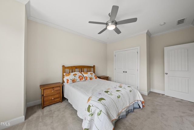 610 Chronicle Dr, Cary, NC 27513 - carpeted bedroom featuring ornamental molding, a closet, and ceiling fan