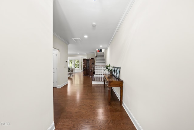 610 Chronicle Dr, Cary, NC 27513 - corridor with ornamental molding, stairway, recessed lighting, and dark wood finished floors