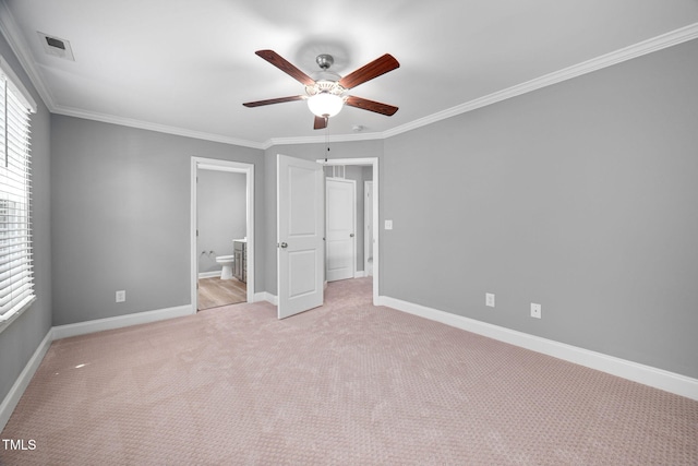 147 Sunfish St, Smithfield, NC 27577 - unfurnished bedroom with light colored carpet, crown molding, connected bathroom, and ceiling fan