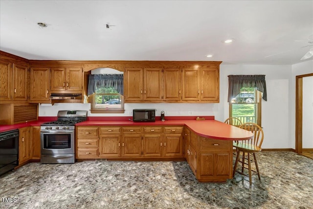 140 Maryland Dr, Manson, NC 27553 - kitchen with black appliances, under cabinet range hood, a peninsula, brown cabinetry, and recessed lighting