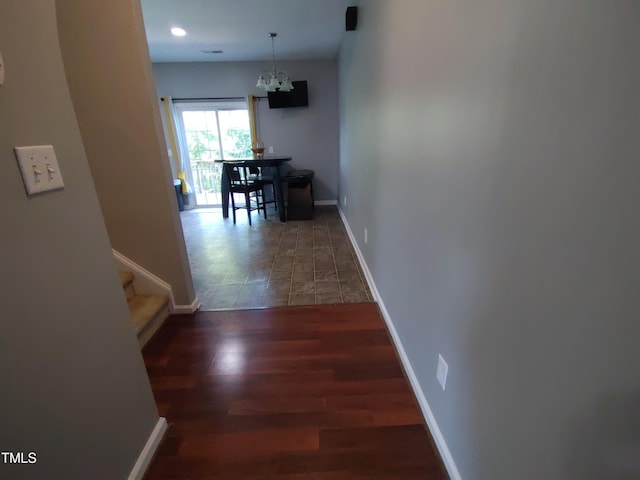 650 Ganyard Farm Way Unit 32, Durham, NC 27703 - hallway featuring a chandelier, stairs, wood finished floors, and recessed lighting