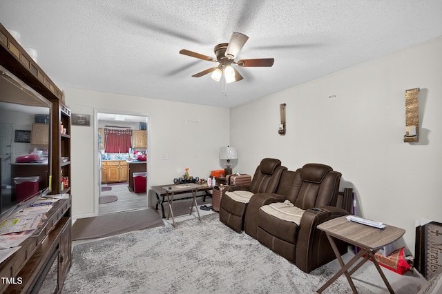 308 E Gilbreath St, Graham, NC 27253 - living room featuring ceiling fan, carpet flooring, and a textured ceiling