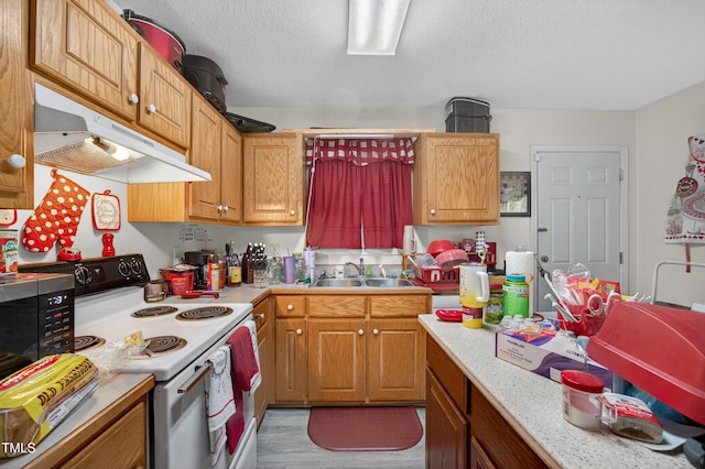 308 E Gilbreath St, Graham, NC 27253 - kitchen with electric stove, under cabinet range hood, light countertops, stainless steel microwave, and a textured ceiling