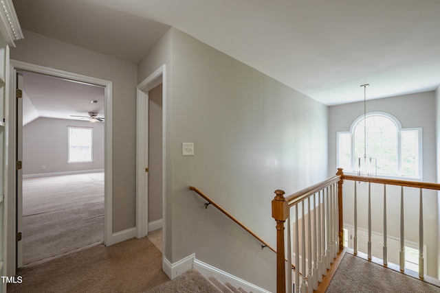 2430 Josephine Rd, Garner, NC 27529 - stairway featuring carpet flooring, a ceiling fan, and vaulted ceiling