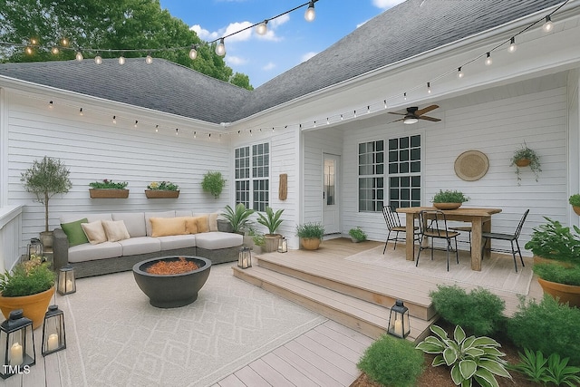 2430 Josephine Rd, Garner, NC 27529 - deck with an outdoor living space with a fire pit, ceiling fan, outdoor dining area, and a patio