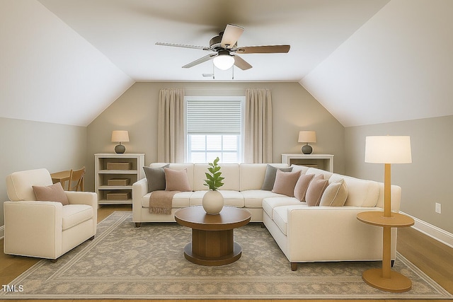 2430 Josephine Rd, Garner, NC 27529 - living room featuring wood finished floors, ceiling fan, and vaulted ceiling
