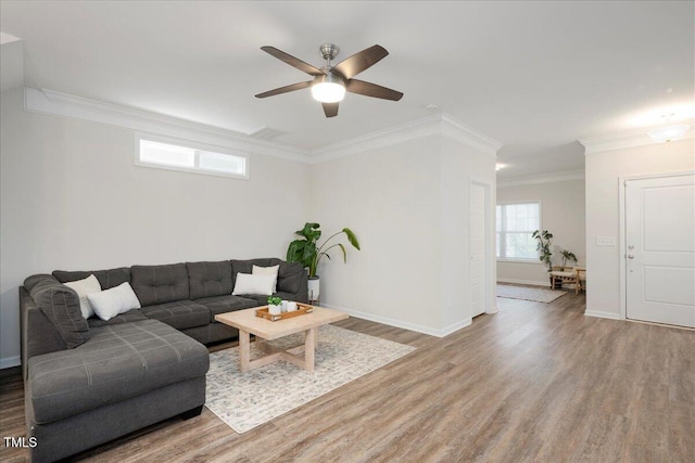 1125 Russet Ln, Apex, NC 27523 - living area featuring wood finished floors, crown molding, and a ceiling fan