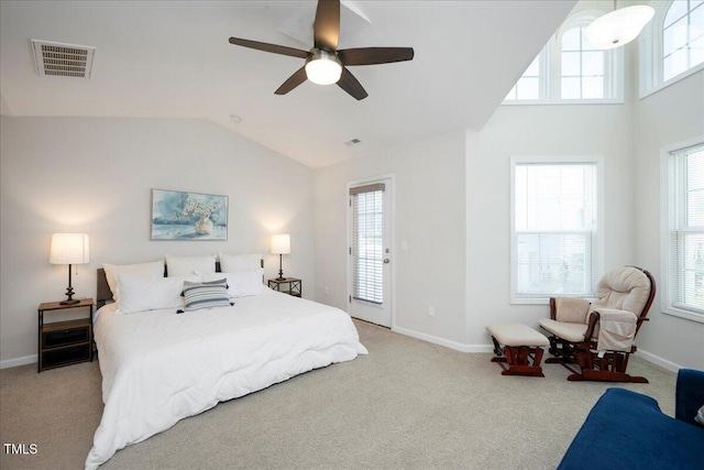 1125 Russet Ln, Apex, NC 27523 - carpeted bedroom featuring vaulted ceiling, ceiling fan, and access to outside