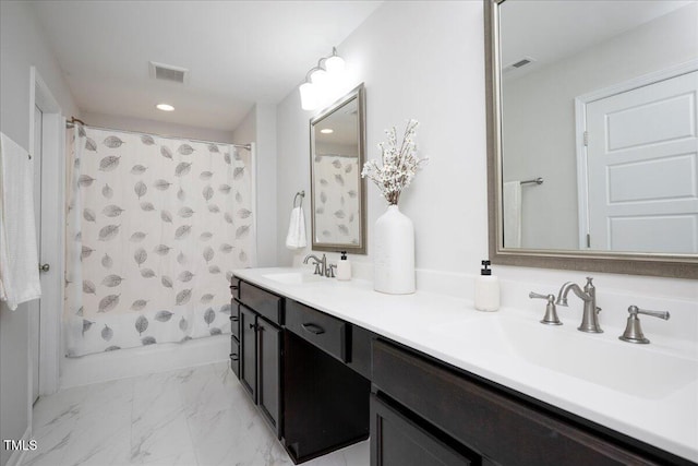 1125 Russet Ln, Apex, NC 27523 - bathroom featuring double vanity, shower / bathtub combination with curtain, marble look tile flooring, and recessed lighting