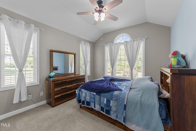 2813 Greenridge View Ln, Zebulon, NC 27597 - bedroom featuring vaulted ceiling, light colored carpet, and ceiling fan
