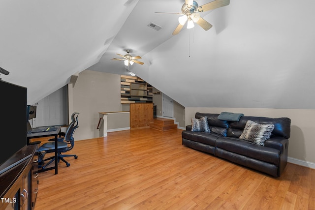 2813 Greenridge View Ln, Zebulon, NC 27597 - office area with ceiling fan, wood finished floors, and vaulted ceiling