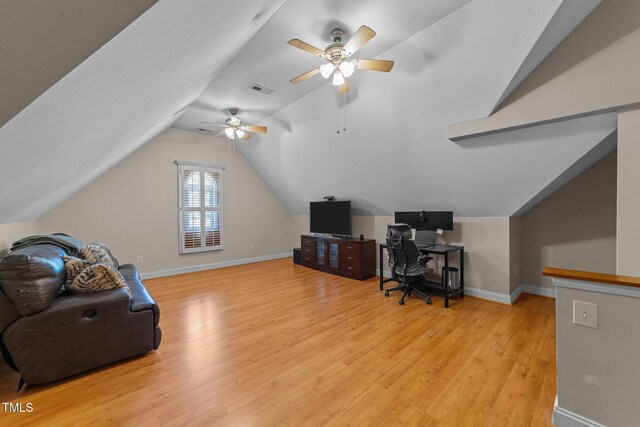 2813 Greenridge View Ln, Zebulon, NC 27597 - office featuring vaulted ceiling, wood finished floors, and ceiling fan