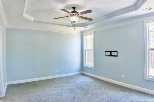 37 Annapolis Rd, Cameron, NC 28326 - carpeted empty room featuring a tray ceiling, ornamental molding, plenty of natural light, a ceiling fan, and a textured ceiling