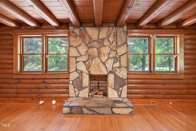 3263 S Jim Minor Rd, Haw River, NC 27258 - detailed view of a wood ceiling with exposed beams, wood finished floors, and log walls