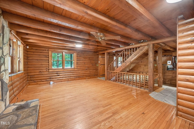 3263 S Jim Minor Rd, Haw River, NC 27258 - unfurnished living room featuring hardwood / wood-style flooring, a ceiling fan, rustic walls, and a wood ceiling with exposed beams