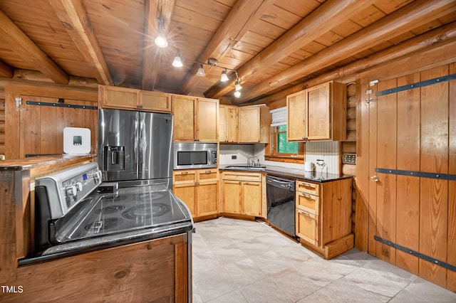 3263 S Jim Minor Rd, Haw River, NC 27258 - kitchen with stainless steel appliances, a wood ceiling with exposed beams, and dark countertops