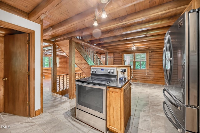 3263 S Jim Minor Rd, Haw River, NC 27258 - kitchen with stainless steel appliances, rustic walls, a wood ceiling with exposed beams, and dark countertops