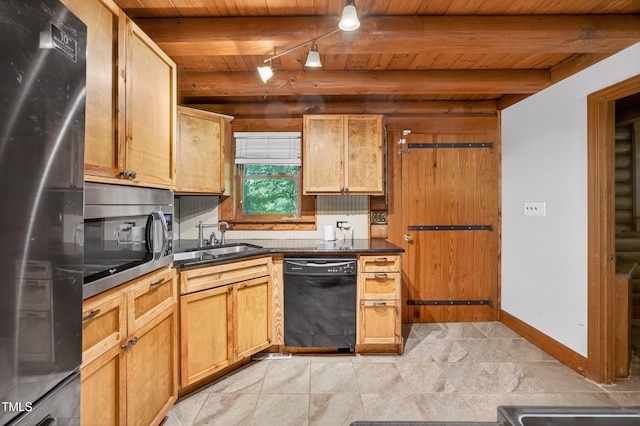 3263 S Jim Minor Rd, Haw River, NC 27258 - kitchen with appliances with stainless steel finishes, a wooden ceiling with exposed beams, dark countertops, and backsplash