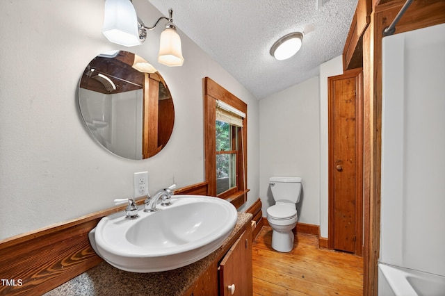3263 S Jim Minor Rd, Haw River, NC 27258 - full bathroom with a textured ceiling, vaulted ceiling, hardwood / wood-style flooring, and vanity