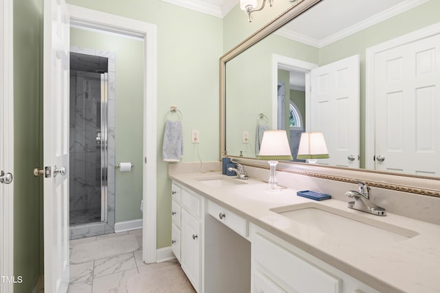 1610 Ridge Rd, Raleigh, NC 27607 - full bathroom featuring marble finish floors, double vanity, crown molding, and a shower stall