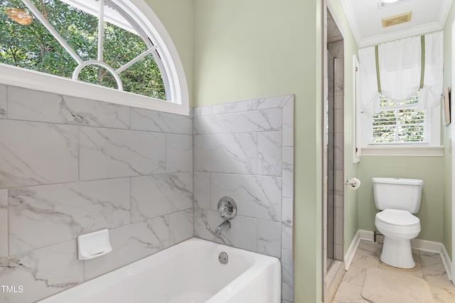 1610 Ridge Rd, Raleigh, NC 27607 - full bath featuring healthy amount of natural light, an enclosed shower, a tub to relax in, and marble finish flooring
