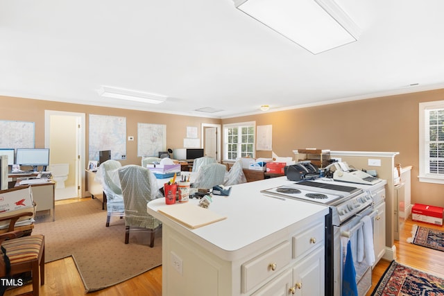 1610 Ridge Rd, Raleigh, NC 27607 - kitchen with electric stove, light wood finished floors, crown molding, open floor plan, and light countertops
