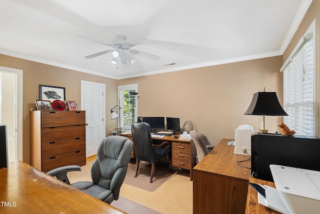 1610 Ridge Rd, Raleigh, NC 27607 - office area featuring ornamental molding, a ceiling fan, and light colored carpet