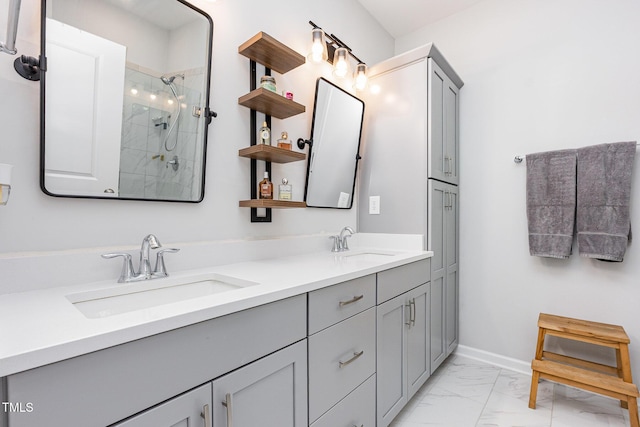 2866 Hunter Woods Dr, Apex, NC 27502 - full bathroom featuring marble look tile flooring, double vanity, and a tile shower