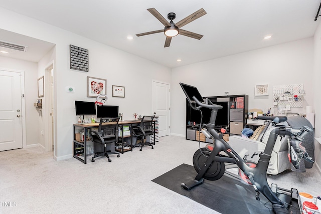 2866 Hunter Woods Dr, Apex, NC 27502 - workout area with a ceiling fan, carpet flooring, and recessed lighting