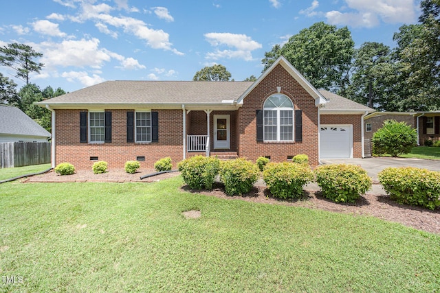 1822 Atterbury Ln, Durham, NC 27712 - ranch-style house featuring crawl space, an attached garage, concrete driveway, brick siding, and covered porch