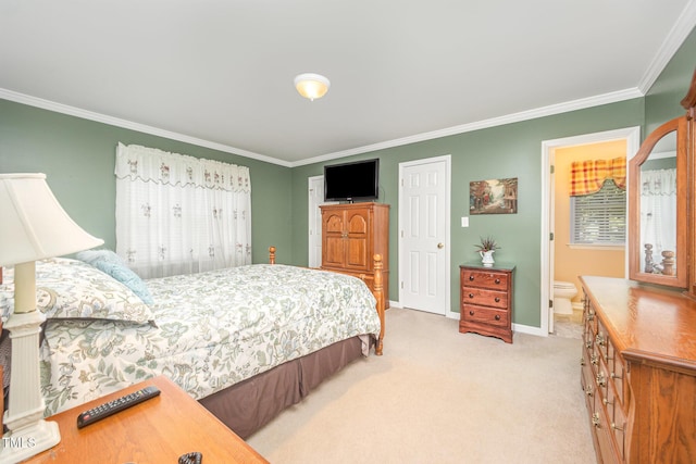 1822 Atterbury Ln, Durham, NC 27712 - bedroom featuring light colored carpet, ornamental molding, and ensuite bath