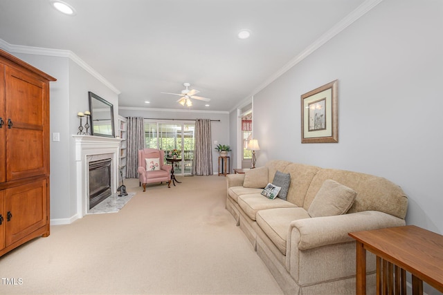 1822 Atterbury Ln, Durham, NC 27712 - living room featuring light carpet, recessed lighting, a premium fireplace, ornamental molding, and a ceiling fan