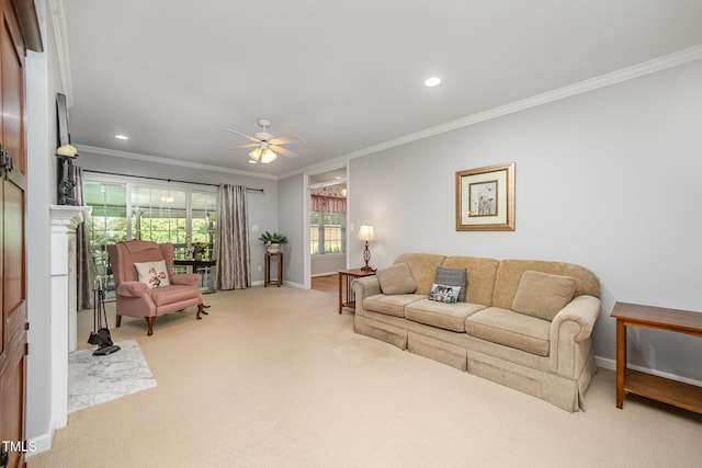 1822 Atterbury Ln, Durham, NC 27712 - carpeted living area featuring ornamental molding, a ceiling fan, and recessed lighting