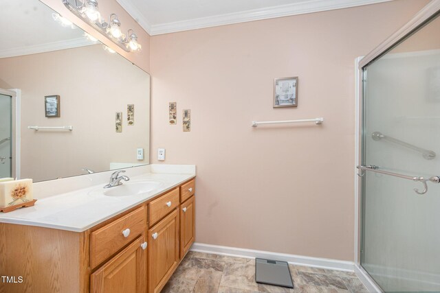 1822 Atterbury Ln, Durham, NC 27712 - bathroom featuring crown molding, vanity, an enclosed shower, and stone finish flooring