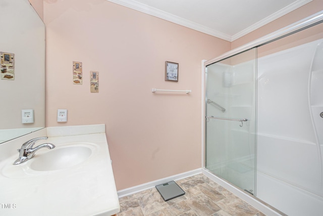 1822 Atterbury Ln, Durham, NC 27712 - bathroom featuring ornamental molding, a stall shower, and vanity