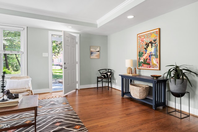 2804 Barmettler St, Raleigh, NC 27607 - entryway featuring wood finished floors, crown molding, and recessed lighting
