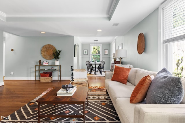 2804 Barmettler St, Raleigh, NC 27607 - living area featuring wood finished floors, crown molding, a tray ceiling, and recessed lighting