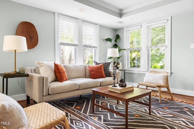 2804 Barmettler St, Raleigh, NC 27607 - living room with wood finished floors, crown molding, plenty of natural light, and recessed lighting