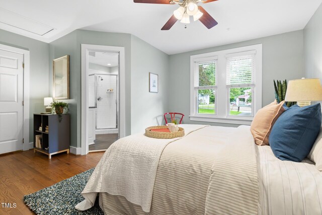 2804 Barmettler St, Raleigh, NC 27607 - bedroom featuring wood finished floors, ceiling fan, and connected bathroom