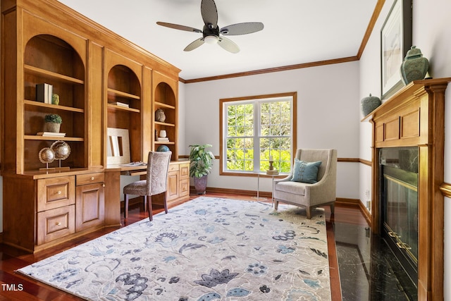 5106 Stockton Way, Durham, NC 27707 - office space featuring ornamental molding, built in study area, a ceiling fan, and a fireplace