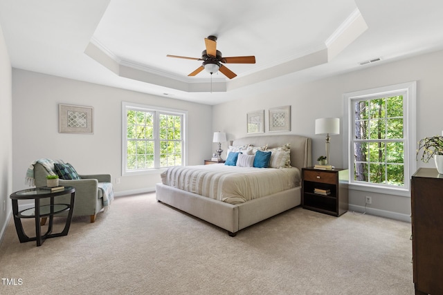 5106 Stockton Way, Durham, NC 27707 - bedroom featuring a raised ceiling, ornamental molding, carpet, and ceiling fan