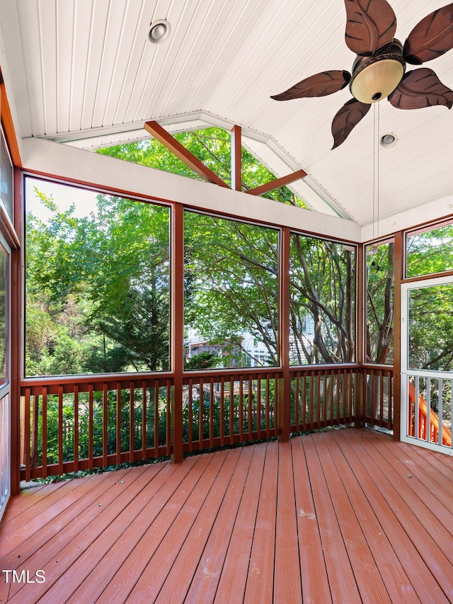 5106 Stockton Way, Durham, NC 27707 - unfurnished sunroom featuring lofted ceiling and a ceiling fan