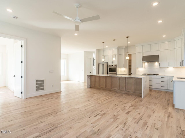 1009 Parker St, Raleigh, NC 27607 - kitchen with stainless steel appliances, range hood, light wood-type flooring, a ceiling fan, and backsplash