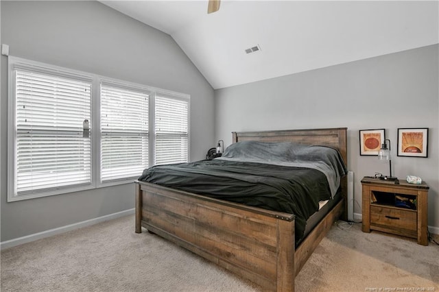 606 N Dickson St, Raeford, NC 28376 - bedroom with vaulted ceiling, light carpet, and ceiling fan