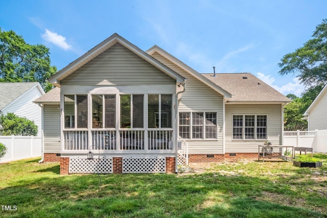904 E Ivy Valley Dr, Fuquay Varina, NC 27526 - back of property featuring crawl space, a sunroom, and roof with shingles