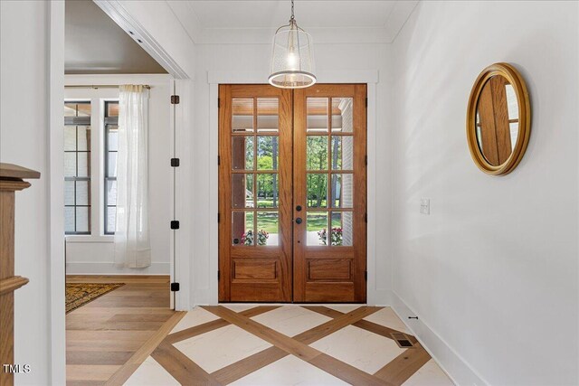 8420 Bells Lake Rd, Apex, NC 27539 - entrance foyer featuring french doors and crown molding