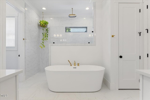 8420 Bells Lake Rd, Apex, NC 27539 - full bath with marble tiled floors, a soaking tub, vanity, a marble finish shower, and recessed lighting