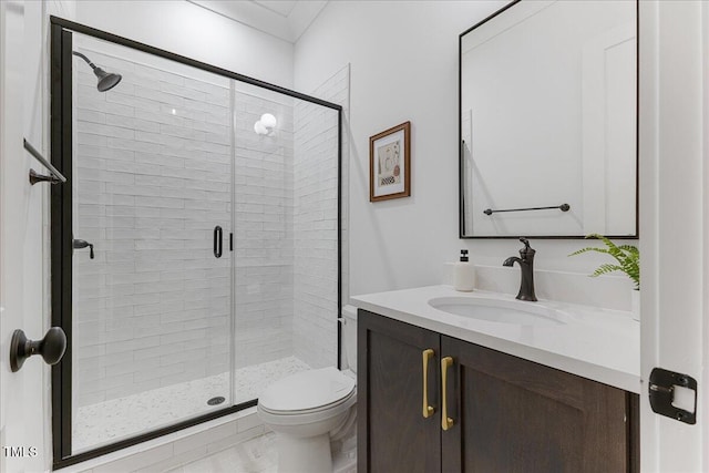 8420 Bells Lake Rd, Apex, NC 27539 - full bathroom with vanity, a shower stall, and crown molding