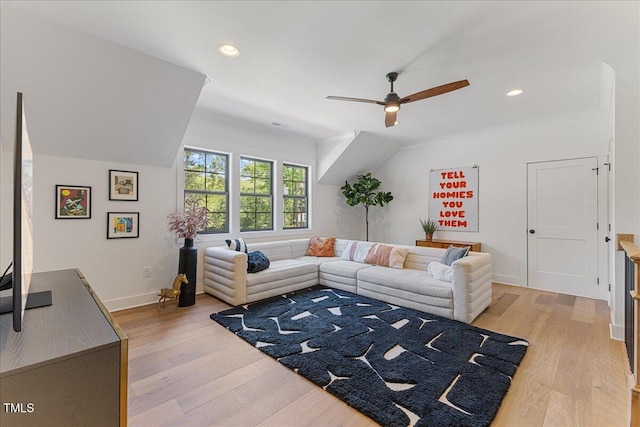 8420 Bells Lake Rd, Apex, NC 27539 - living area featuring ceiling fan, light wood finished floors, ornamental molding, and recessed lighting