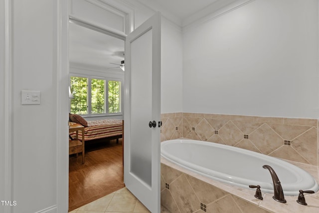145 Cofield Cir, Durham, NC 27707 - full bath featuring a bath, tile patterned floors, ceiling fan, and ornamental molding